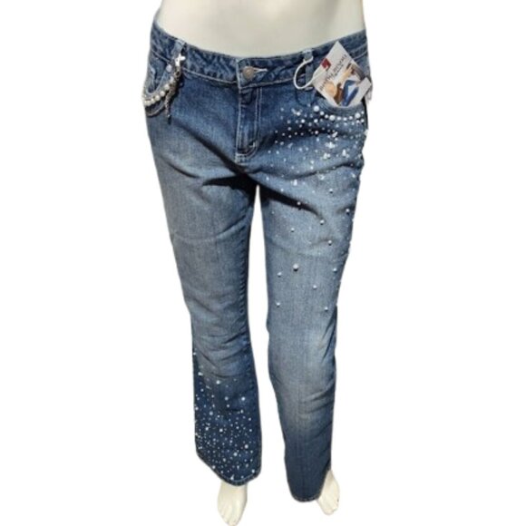 Bisou Bisou Vintage Rhinestone Women's Denim Jeans Blue Fade Size 10 with Chain - Picture 9 of 11